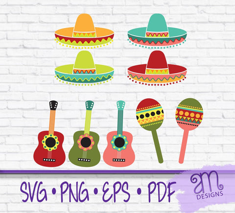 cinco de mayo svg bundle, sombrero svgs, guitar svgs, maracas svg, cinco de mayo elements, cut files for cinco de mayo, cut files for cricut