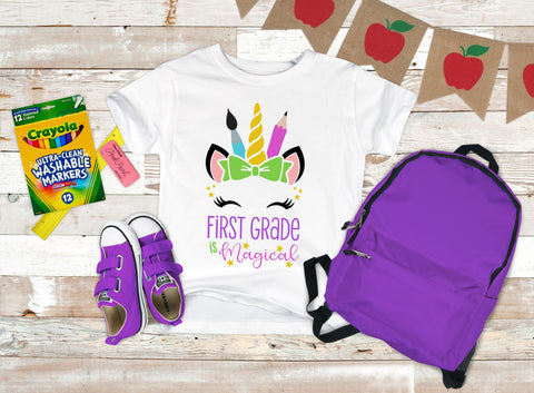 back to school, first grade svg, first grade is magical, svg for first day, unicorn face svg, school unicorn face svg, back to school